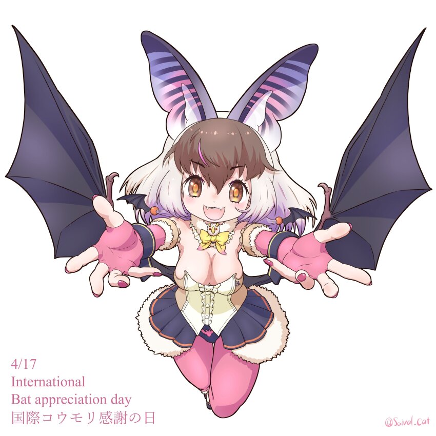 1girl absurdres animal_ears bat_ears bat_girl bat_wings breasts brown_eyes brown_hair brown_long-eared_bat_(kemono_friends) cleavage elbow_gloves extra_ears fingerless_gloves gloves grey_hair highres kemono_friends kemono_friends_v_project large_breasts leotard long_hair looking_at_viewer microphone multicolored_hair nail_polish pantyhose saival_cat shoes simple_background skirt solo streaked_hair virtual_youtuber wings