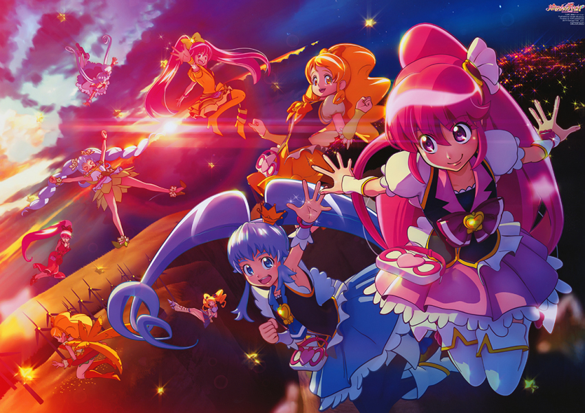 10s 3d 6+girls aino_megumi alternate_form blonde_hair blue_eyes blue_hair blue_skirt boots bow brooch cel_rendering crown cure_honey cure_honey_(coconut_samba) cure_honey_(popcorn_cheer) cure_lovely cure_lovely_(cherry_flamenco) cure_lovely_(lollipop_hip_hop) cure_princess cure_princess_(macadamia_hula_dance) cure_princess_(sherbet_ballet) earrings flying gold_crown hair_ornament happinesscharge_precure! heart heart_brooch heart_hair_ornament jewelry long_hair magical_girl mini_crown miyamoto_hiroshi multiple_girls official_art oomori_yuuko open_mouth pink_bow pink_eyes pink_hair ponytail precure shirayuki_hime skirt smile thigh_boots thighhighs twintails waving wide_ponytail wrist_cuffs yellow_eyes