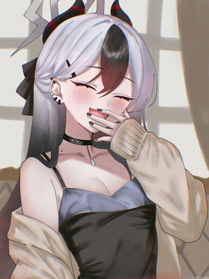 1girl black_choker black_dress black_nails blue_archive blush breasts brown_cardigan cardigan choker cleavage closed_eyes covering_own_mouth demon_girl demon_horns dress ear_piercing earrings hair_behind_ear hair_between_eyes hair_ribbon hand_over_own_mouth highres horns jewelry kayoko_(blue_archive) kayoko_(dress)_(blue_archive) laughing long_hair open_mouth piercing ribbon shi_draco sidelocks