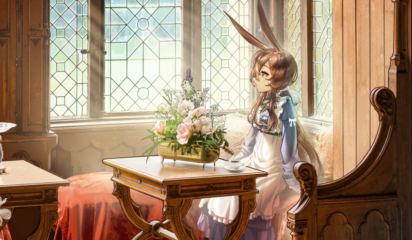 1girl absurdres amiya_(arknights) animal_ears apron arknights blue_dress brown_hair coffee cup dress flower frilled_apron frills highres indoors long_hair long_sleeves plant potted_plant rabbit_ears shale sitting solo table white_apron window