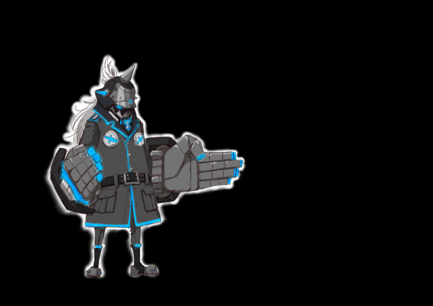 1girl and_uge armored_boots belt black_background black_belt black_boots black_coat black_pants blue_eyes boots buttons coat commentary_request cosplay full_body gauntlets guilty_gear helmet highres long_hair long_sleeves mumeitarou nanashi_inc. pants potemkin_(guilty_gear) potemkin_(guilty_gear)_(cosplay) screw simple_background solo standing virtual_youtuber white_hair