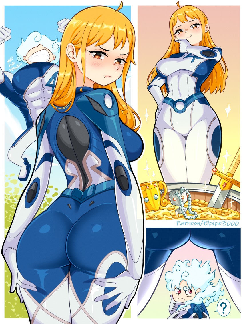 1boy 1girl absurdres alternate_form ass ass_focus blonde_hair blush bodysuit breasts cosplay deep_skin elpipe_3000 fantastic_four from_behind gear_fifth gloves highres huge_ass large_breasts long_hair looking_at_viewer looking_back marvel marvel_rivals monkey_d._luffy nami_(one_piece) one_piece pout red_eyes reed_richards reed_richards_(cosplay) sideboob skin_tight smile sue_storm sue_storm_(cosplay) treasure treasure_chest very_long_hair white_hair