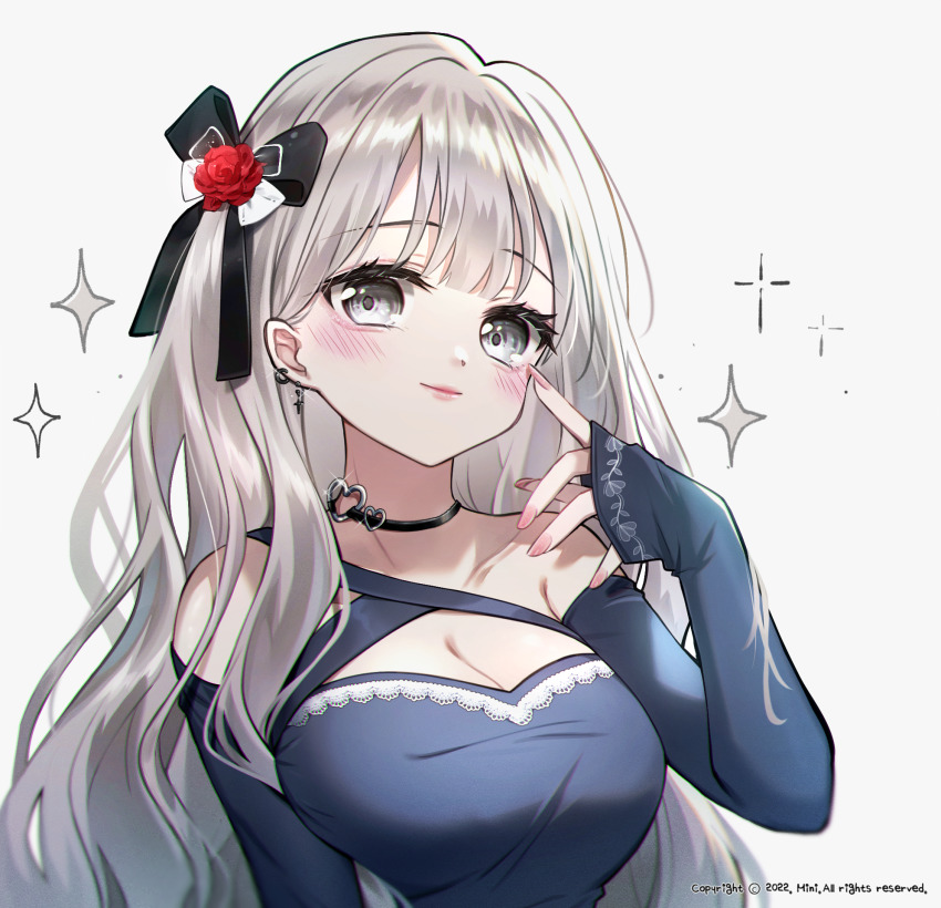 1girl black_bow blue_dress blue_sleeves blush bow breasts cleavage closed_mouth collarbone commission danby_merong detached_sleeves dress flower grey_background grey_eyes grey_hair hair_bow hair_flower hair_ornament hand_up highres long_hair long_sleeves medium_breasts original red_flower red_rose rose simple_background single_strap sleeves_past_wrists smile solo sparkle upper_body