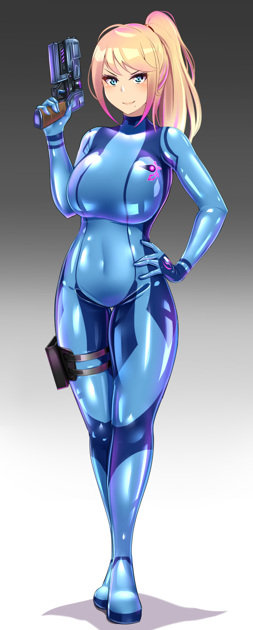 1girl absurdres blonde_hair blue_bodysuit blue_eyes bodysuit breasts covered_navel directed-energy_weapon energy_gun energy_weapon full_body glowing glowing_gun glowing_weapon gun handgun highres ibusuki large_breasts latex latex_bodysuit long_hair metroid mole mole_under_mouth nintendo paralyzer pistol ponytail samus_aran skin_tight smile solo standing thigh_strap weapon zero_suit