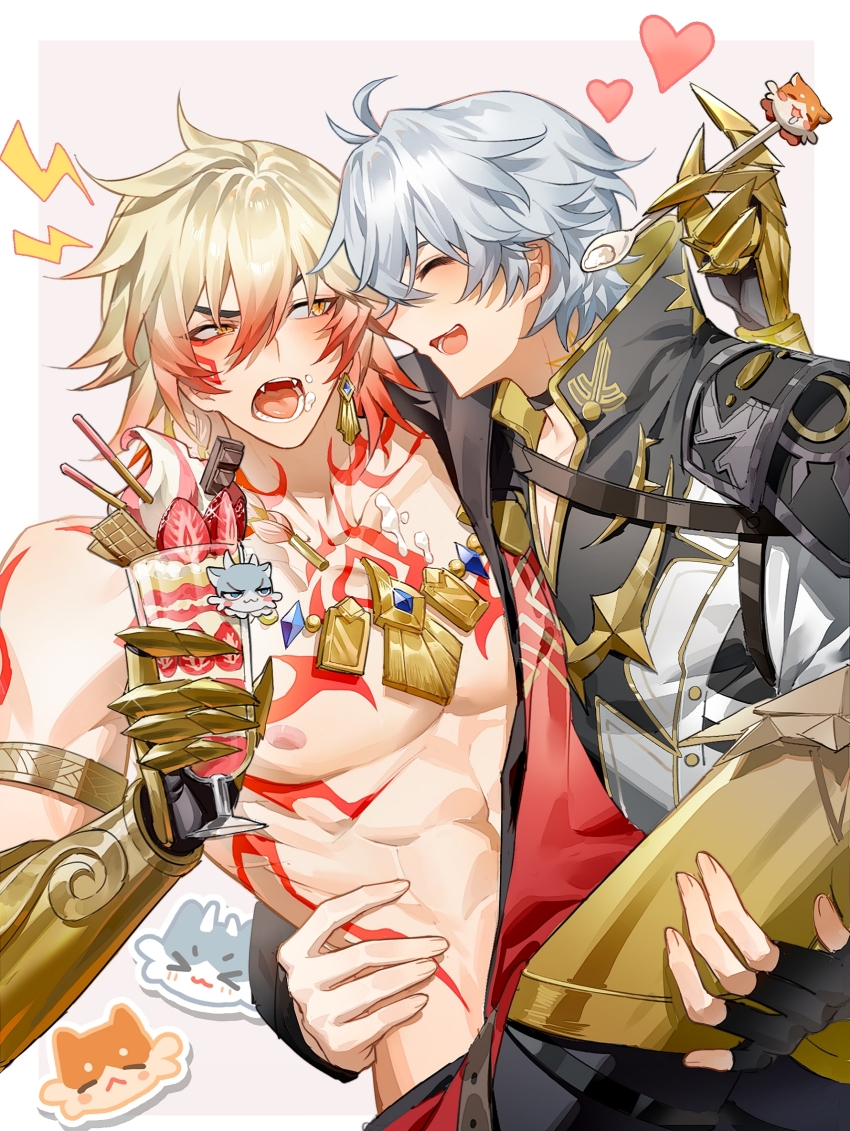 2boys arm_tattoo armlet armor belt_collar blue_hair blush carrying carrying_person chest_tattoo chinese_commentary choker closed_eyes coat collar collared_shirt commentary_request crumbs cup dessert earrings facial_tattoo fang food food_on_face gold_armlet gold_earrings gold_necklace gradient_hair happy heart highres holding holding_cup holding_food holding_spoon honkai:_star_rail honkai_(series) ice_cream jewelry male_focus multicolored_hair multiple_boys mydei_(honkai:_star_rail) neck_tattoo necklace open_clothes open_coat phainon_(honkai:_star_rail) princess_carry red_hair red_tattoo shirt shoulder_armor shy smile smiley_face spoon suirandanshihao sweets tattoo tsundere yaoi