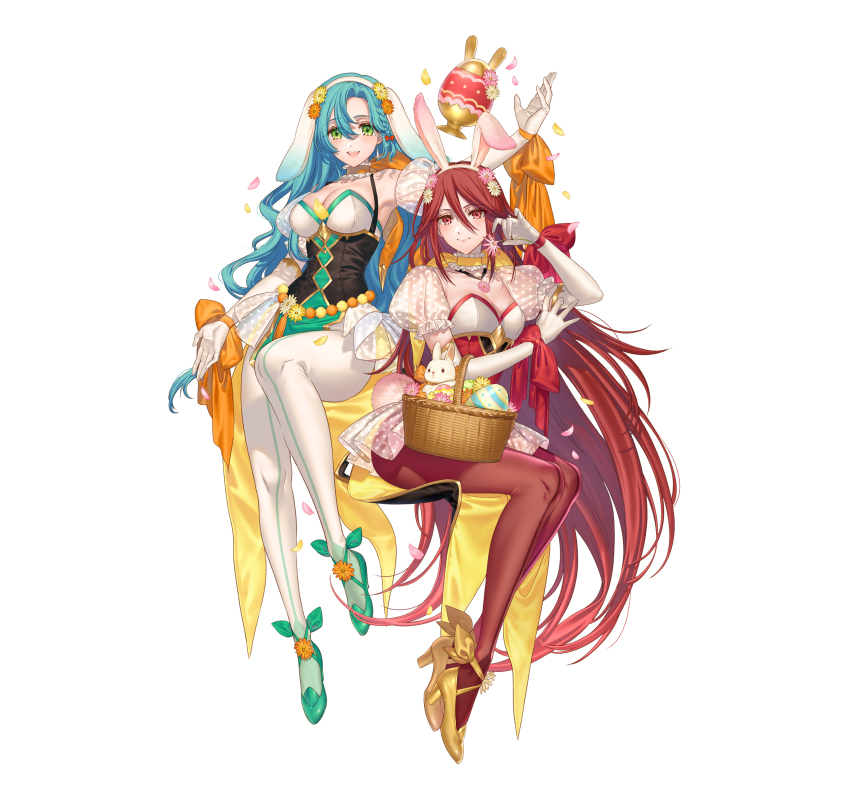 2girls absurdres alternate_costume animal_ears animal_hat aqua_hair aqua_shoes artist_request basket braid breasts chloe_(fire_emblem) chloe_(spring)_(fire_emblem) cleavage cordelia_(fire_emblem) cordelia_(spring)_(fire_emblem) detached_sleeves fake_animal_ears female_focus fire_emblem fire_emblem_awakening fire_emblem_engage fire_emblem_heroes gloves green_eyes hat high_heels highres kippu leotard long_hair long_sleeves looking_at_viewer matching_hair/eyes medium_breasts multiple_girls nintendo official_alternate_costume official_art pantyhose playboy_bunny puffy_short_sleeves puffy_sleeves rabbit_ears rabbit_hat red_eyes red_hair red_pantyhose shoes short_sleeves single_braid small_breasts smile tachi-e transparent_background very_long_hair white_gloves white_pantyhose yellow_shoes