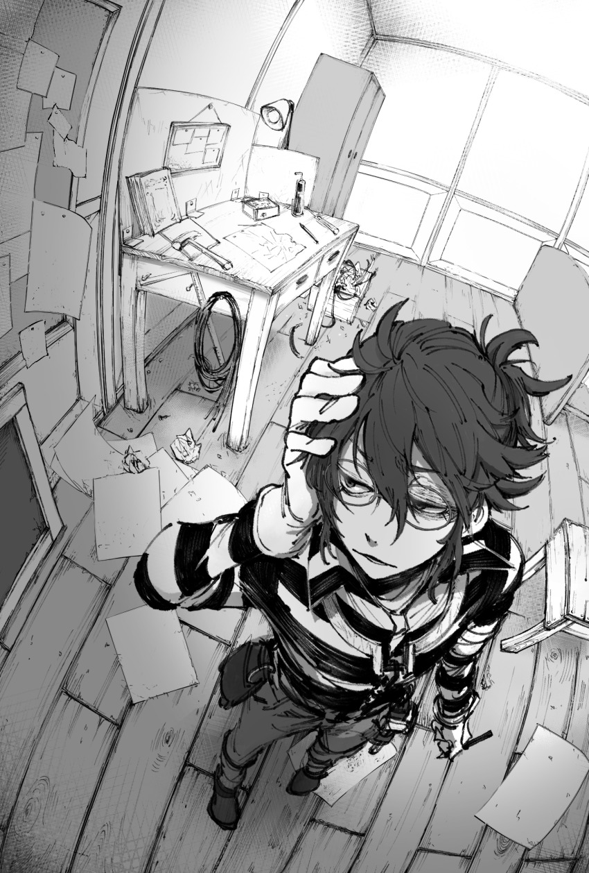 1boy belt_pouch bruise bruised_eye bububuki crumpled_paper desk full_body glasses gloves greyscale hair_between_eyes half-closed_eyes hammer hand_on_own_head highres holding holding_pen identity_v injury looking_to_the_side luca_balsa male_focus monochrome pants paper pen perspective ponytail pouch shirt short_ponytail striped_clothes striped_shirt table tools wooden_floor