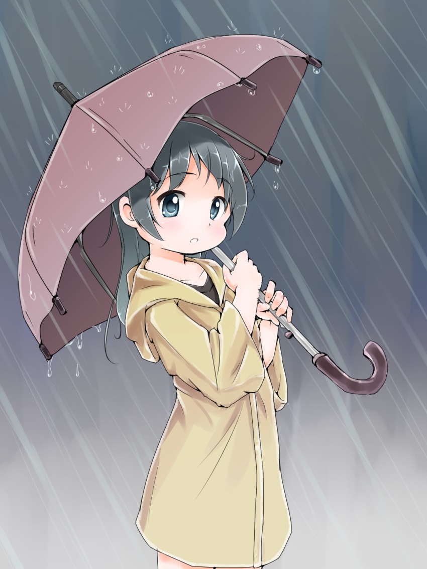 1girl black_hair blue_eyes blush child female_focus highres lie long_hair open_mouth original outdoors rain solo umbrella