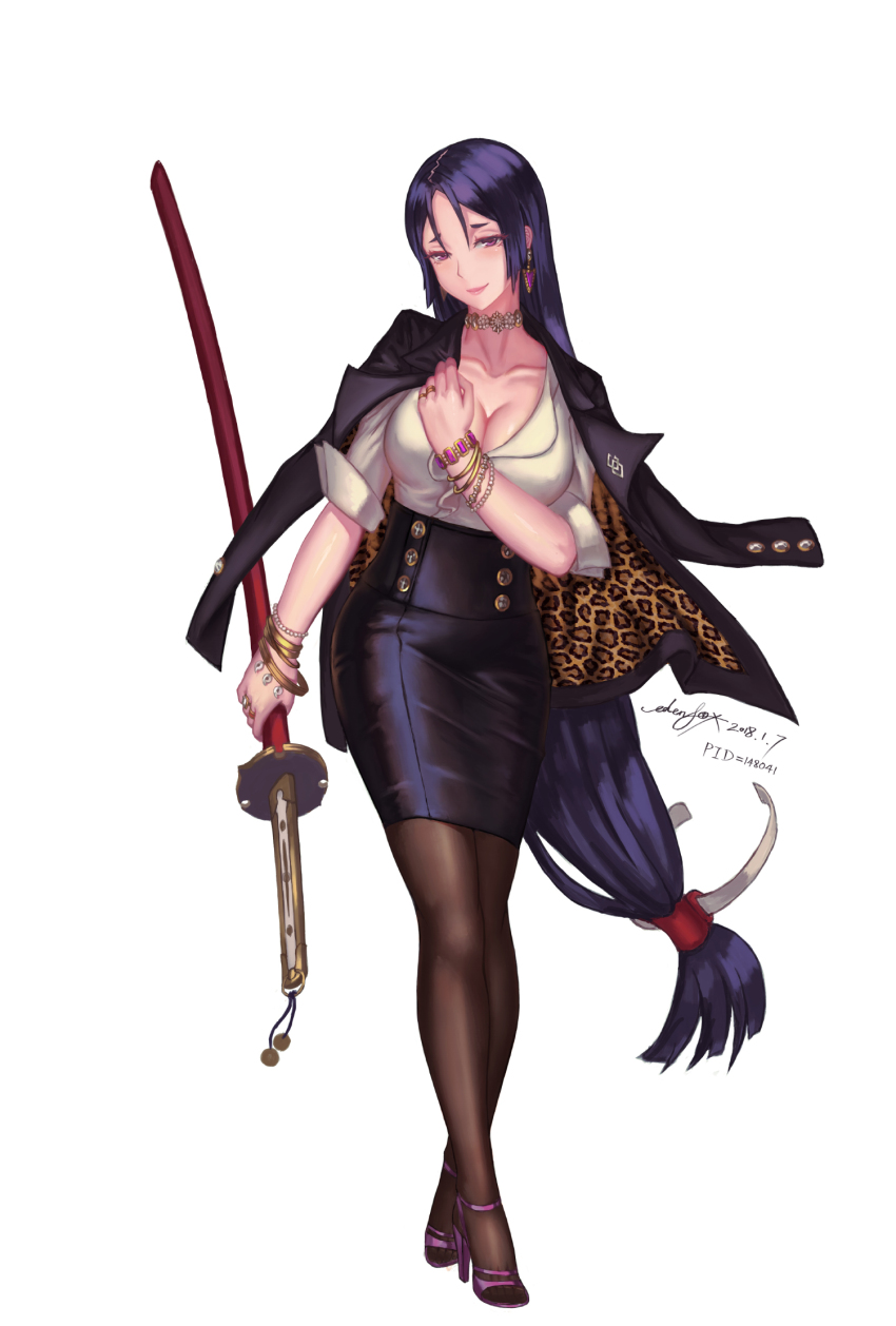 1girl black_hair bracelet breasts choker earrings edenfox fate/grand_order fate_(series) female_focus full_body highres holding holding_sword holding_weapon jewelry katana large_breasts long_hair looking_at_viewer low-tied_long_hair minamoto_no_raikou_(fate) pantyhose purple_eyes simple_background solo standing sword weapon