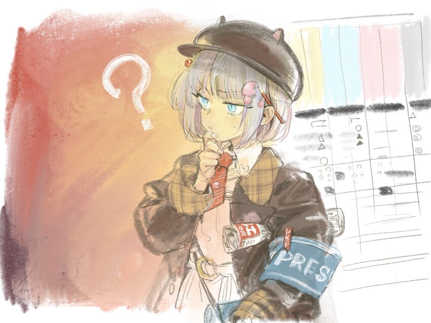 1girl ? animal_ear_headwear armband belt blue_armband blue_eyes border brown_coat brown_hat newsboy_cap carrying carrying_under_arm coat collared_shirt commentary_request fake_animal_ears grey_hair hand_on_own_chin hat highres ikuhana_niiro indie_virtual_youtuber long_sleeves looking_ahead necktie one_side_up open_clothes open_coat ouma_hami pencil_behind_ear red_necktie rolled_up_newspaper shirt short_hair short_necktie skirt small_sweatdrop solo stroking_own_chin v-shaped_eyebrows virtual_youtuber white_belt white_border white_shirt white_skirt