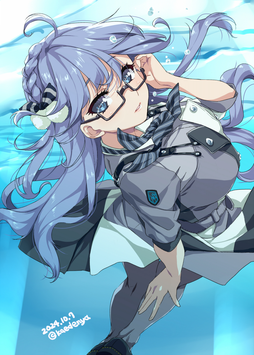 1girl 22/7 artist_name belt black-framed_eyewear blue_eyes blue_hair bow braid dated diagonal-striped_bow dress floating_hair full_body glasses grey_belt hair_bow hair_ornament highres kisairo_kaede light_blue_hair long_hair looking_at_viewer maruyama_akane multicolored_dress pom_pom_(clothes) pom_pom_hair_ornament rectangular_eyewear semi-rimless_eyewear single_braid solo under-rim_eyewear underwater yes_to_no_no_aida_ni