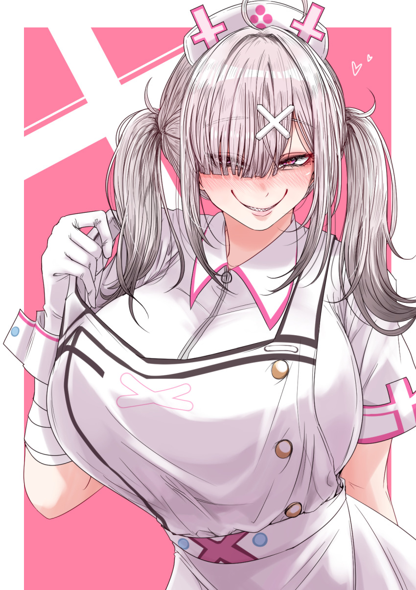 1girl ahoge bandaged_arm bandages blush breasts cross_hat_ornament eyes_visible_through_hair gloves grey_hair hair_ornament hair_over_one_eye hat highres large_breasts long_hair looking_at_viewer mole mole_under_eye nijisanji nurse nurse_cap open_mouth purple_eyes sei_no_ji sharp_teeth smile solo sukoya_kana sukoya_kana_(1st_costume) teeth twintails virtual_youtuber white_wrist_cuffs wrist_cuffs x x_hair_ornament