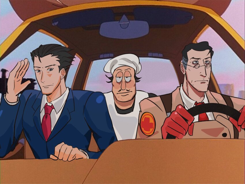 3boys ace_attorney black_hair car closed_mouth commentary crossover driving english_commentary formal_clothes glasses gloves hat highres left-hand_drive long_sleeves male_focus medic_(tf2) meme motor_vehicle multiple_boys necktie peppino_spaghetti phoenix_wright pizza_tower red_gloves red_necktie short_hair steering_wheel suit team_fortress_2 upper_body what_is_love_(meme) windee