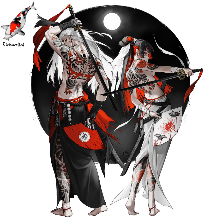 1boy 1girl absurdres ankleband arm_behind_back arm_behind_head arm_up back_tattoo bandaged_wrist bandages barefoot belt black_hair breasts colored_inner_hair commentary earrings english_commentary english_text folded_ponytail folding_fan from_behind full_body full_moon hand_fan highres holding holding_fan holding_sword holding_weapon irezumi jewelry koi leg_tattoo long_hair looking_at_viewer looking_back medium_breasts moon mouth_veil multicolored_hair original personification red_hair reference_inset rinotuna sheath shoulder_tattoo sword tattoo topless_female topless_male two-tone_hair veil weapon white_hair