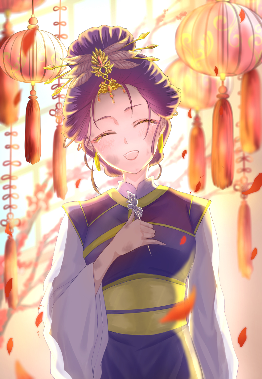 1girl absurdres anden0913 breasts chinese_clothes chinese_hairpin closed_eyes crying ear_piercing earrings facing_viewer highres holding jewelry kusuriya_no_hitorigoto lantern lipstick long_hair looking_at_viewer loulan_(kusuriya_no_hitorigoto) makeup medium_breasts open_mouth paper_lantern piercing pink_lips purple_hair smile solo standing teeth