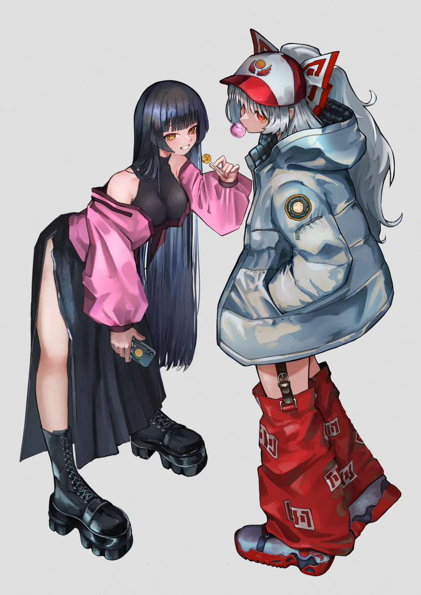 2girls absurdres adapted_costume alternate_costume bare_shoulders baseball_cap belt black_background black_boots black_hair black_shirt black_skirt blunt_bangs boots bow bubble candy cellphone chewing_gum commentary_request contemporary dedemaru down_jacket food from_side fujiwara_no_mokou garter_straps guard_rail hair_bow hand_in_pocket hat highres hime_cut holding holding_candy holding_food holding_lollipop holding_phone hood hooded_jacket houraisan_kaguya jacket lace-up_boots leaning_forward lollipop long_hair loose_socks multicolored_shoes multiple_girls off_shoulder ofuda ofuda_on_clothes open_clothes open_jacket over-kneehighs phone pink_jacket platform_boots ponytail red_eyes red_shoes red_socks road shirt shoes side_slit simple_background skirt sleeveless sleeveless_shirt smartphone smile sneakers socks street teeth thighhighs touhou turtleneck turtleneck_shirt two-tone_shoes very_long_hair white_hair white_jacket white_shoes white_sneakers y2k_fashion yellow_eyes