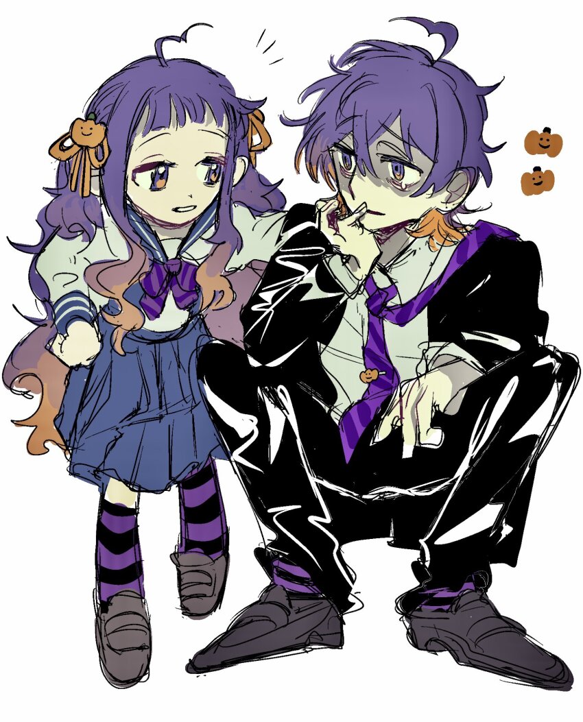 1boy 1girl bad_id bad_twitter_id bags_under_eyes black_jacket black_pants black_suit blue_sailor_collar blue_skirt brother_and_sister call_of_cthulhu collared_shirt comforting eye_contact formal_clothes fujimura_kirara fujimura_saki gradient_hair grin hand_on_another&#039;s_back hand_on_own_chin hand_on_own_hip highres jacket kaikou_(trpg_scenario) kneehighs loafers long_hair long_sleeves looking_at_another looking_to_the_side multicolored_hair napoli_no_otokotachi necktie necktie_over_shoulder notice_lines orange_hair oshisu_(pentagon_2_15) pants purple_eyes purple_hair purple_necktie purple_socks raised_eyebrow sailor_collar school_uniform serafuku shaded_face shirt shoes short_hair siblings side-by-side simple_background skirt smile socks squatting standing striped_clothes striped_necktie striped_socks suit tearing_up white_background white_shirt