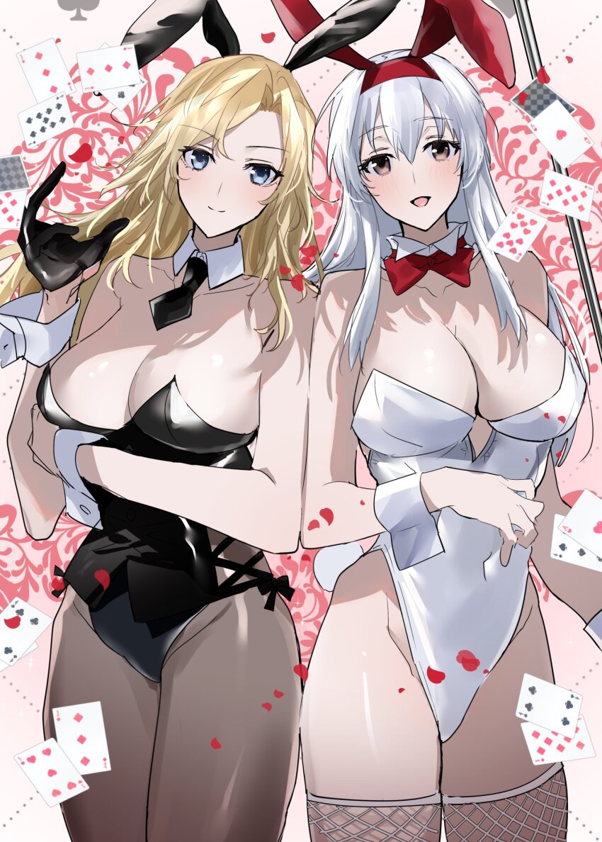 2girls alternate_costume animal_ears black_leotard black_necktie blonde_hair bow bowtie breasts brown_eyes card cleavage commentary_request cowboy_shot detached_collar fake_animal_ears fake_tail fishnet_thighhighs fishnets grey_eyes highleg highleg_leotard highres hornet_(kancolle) ichimonme_(ichi) kantai_collection large_breasts leotard multiple_girls necktie pantyhose playboy_bunny playing_card rabbit_ears rabbit_tail shoukaku_(kancolle) strapless strapless_leotard tail thighhighs traditional_bowtie white_hair white_leotard wrist_cuffs
