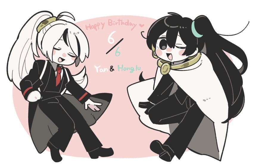 2boys birthday_connection black_hair cape closed_eyes full_body high_ponytail highres hong_lu_(project_moon) kojocho05 lcb_uniform_(project_moon) library_of_ruina limbus_company long_hair looking_at_viewer multicolored_hair multiple_boys one_eye_closed open_mouth ponytail project_moon side_ponytail smile streaked_hair very_long_hair white_cape white_hair yan_vismok