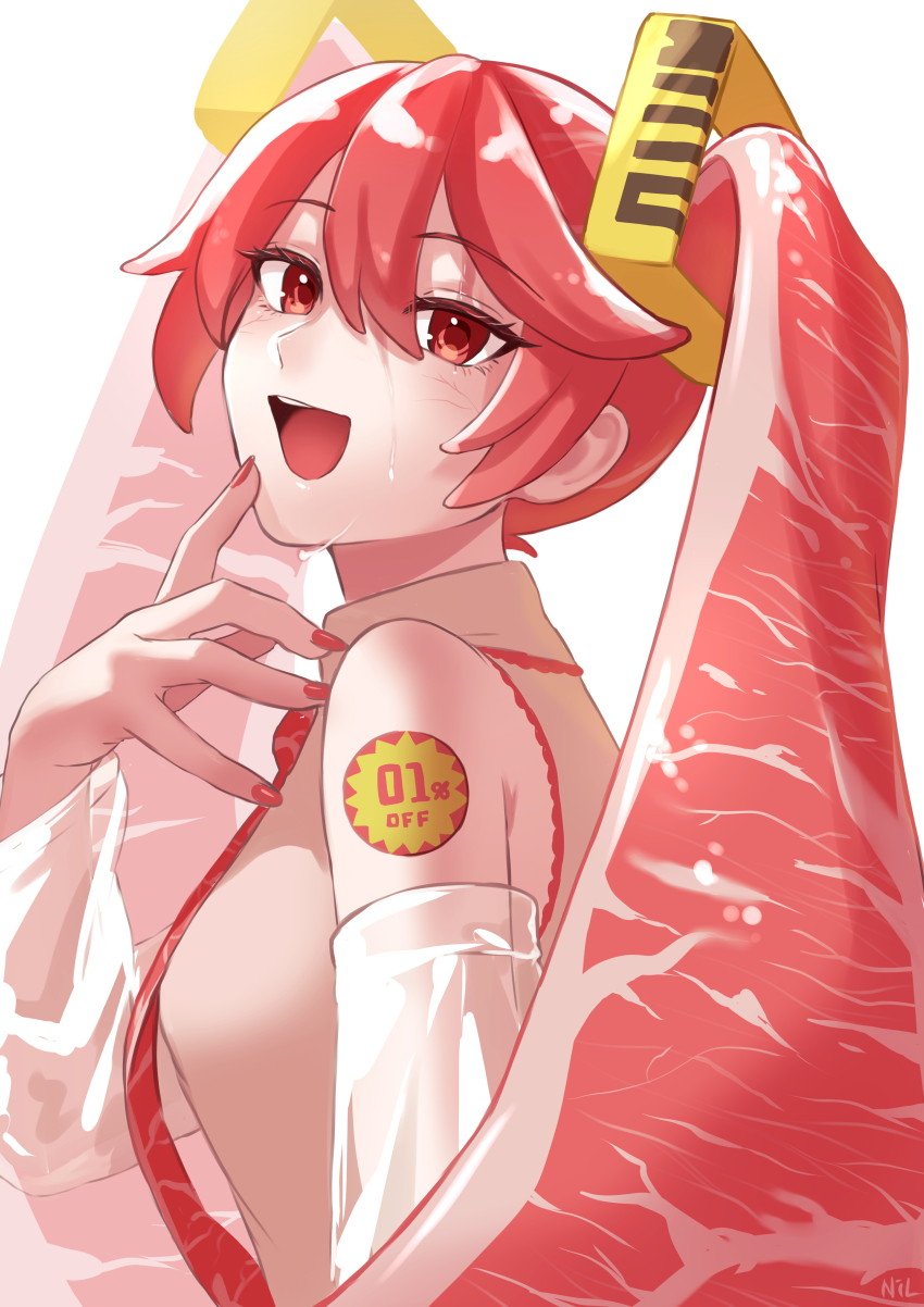 absurdres detached_sleeves food food-themed_clothes food-themed_hair hair_ornament hatsune_miku highres long_hair looking_back meat nail_polish necktie niku_miku_(nankai) nil_(pixiv_53614557) open_mouth raw_meat red_eyes red_hair see-through_clothes see-through_sleeves sweat twintails vocaloid