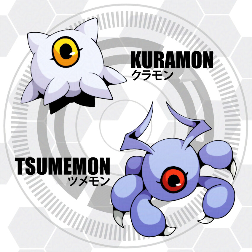 circle claws d_sandy digimon digimon_(creature) english_text japanese_text kuramon red_eyes tsumemon yellow_eyes