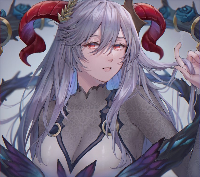 1girl ai_tkkm blue_flower blue_hair blue_rose bodysuit breasts cleavage curled_horns dress female_focus fire_emblem fire_emblem_heroes flower freyja_(fire_emblem) goat_horns grey_hair hair_between_eyes hand_in_own_hair highres horns lips long_hair looking_at_viewer multicolored_hair nintendo parted_lips pink_lips red_eyes red_horns rose skin_tight solo thorns two-tone_hair upper_body very_long_hair white_dress