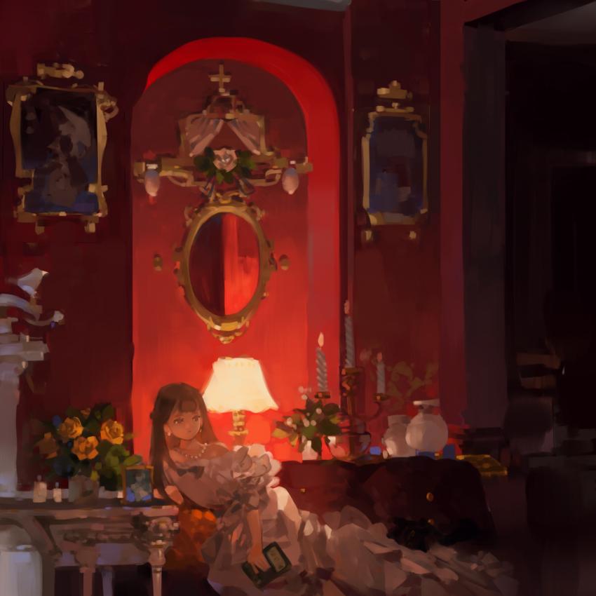 1girl aristocratic_clothes book brown_eyes brown_hair candle couch cross desk_lamp dress gown highres holding holding_book indoors jewelry lamp long_hair mirror necklace on_couch original painterly painting_(object) pearl_necklace puffy_sleeves shachang solo white_dress