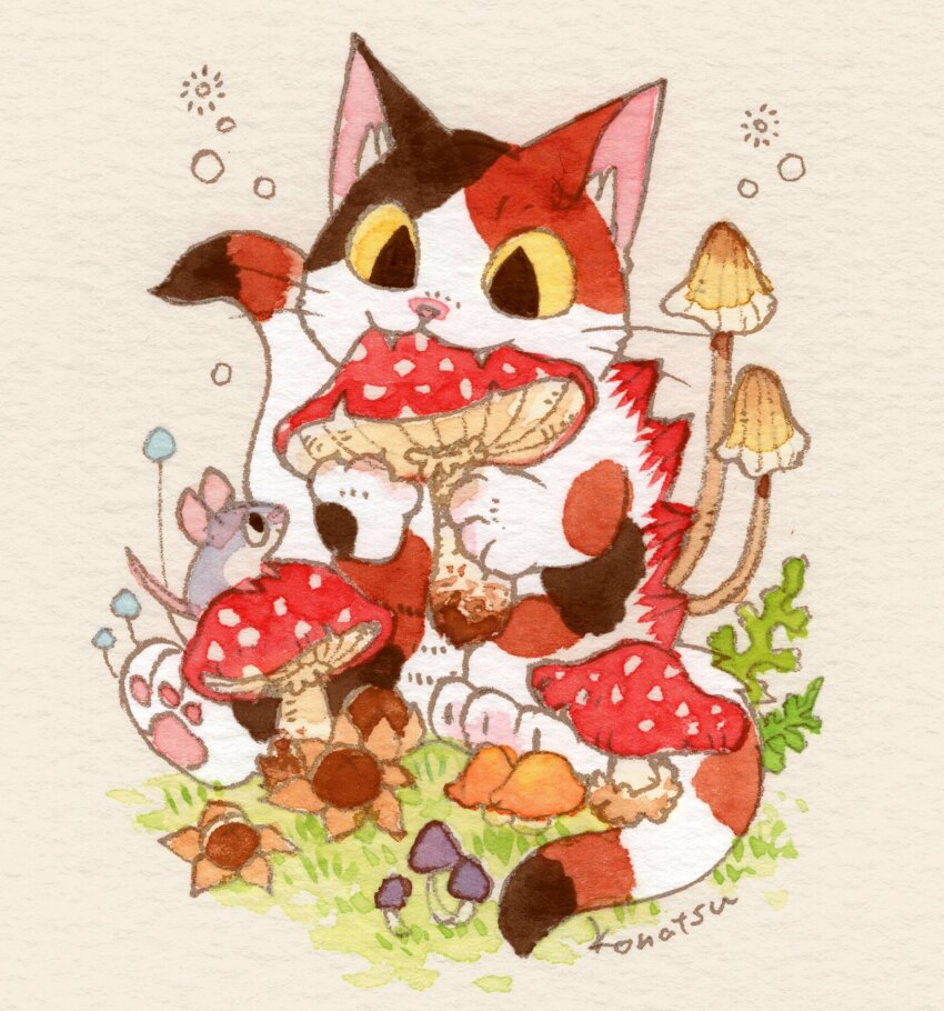 :3 animal animal_focus bakeneko calico_(pattern) cat commentary_request eating fangs fly_agaric highres kaiju konatsu_tunacan mouse_(animal) multiple_tails mushroom negora nekomata no_humans original sitting solo_focus tail traditional_media traditional_youkai two_tails
