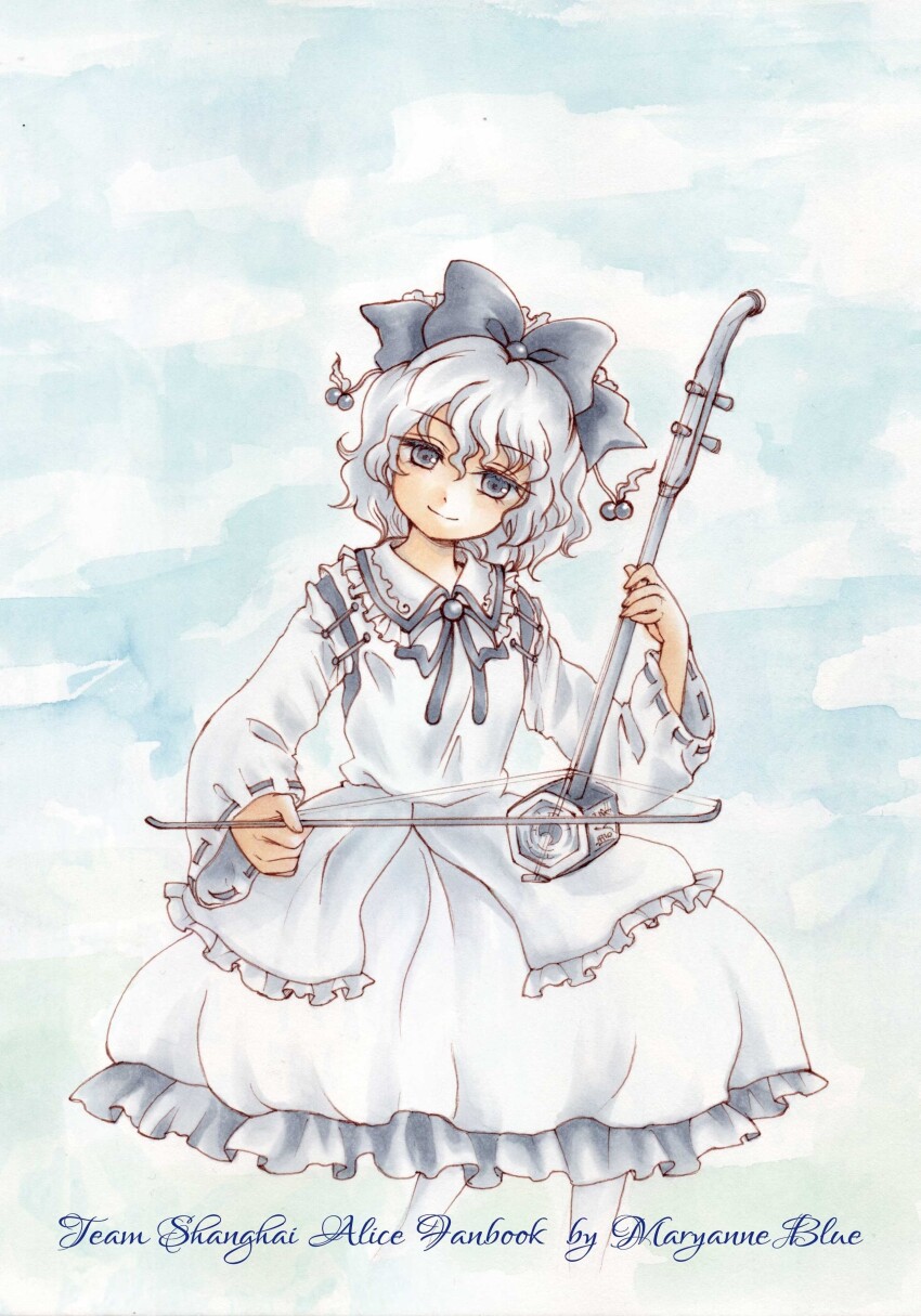 1girl absurdres bow bow_(music) breasts closed_mouth collared_shirt commentary_request erhu frilled_bow frilled_skirt frills grey_bow grey_eyes grey_hair grey_ribbon hair_bobbles hair_bow hair_ornament happy highres holding holding_bow_(music) holding_instrument instrument io_(maryann_blue) japanese_clothes kariginu looking_at_viewer medium_hair neck_ribbon ribbon satsuki_rin shirt skirt small_breasts smile solo touhou upper_body white_shirt white_skirt