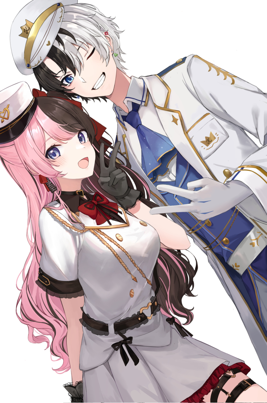 1boy 1girl :d ;) alternate_costume ascot belt black_belt black_hair black_shirt blue_ascot blue_eyes blue_vest bow bowtie buckle collared_shirt dress_shirt earrings frilled_skirt frills gloves grin hat heart heart-shaped_buckle highres indie_virtual_youtuber jacket jewelry kamito_(vtuber) leaning_forward long_hair looking_at_viewer military_uniform miniskirt multicolored_hair official_alternate_costume one_eye_closed open_mouth peaked_cap pink_hair pleated_skirt red_bow red_bowtie shirt short_sleeves simple_background skirt smile split-color_hair tachibana_hinano_(2nd_costume) tachibana_hinano thigh_strap touri_tarou_(misconception) two-tone_hair v very_long_hair vest virtual_youtuber vspo! white_background white_gloves white_hair white_headwear white_jacket white_shirt white_skirt wing_collar