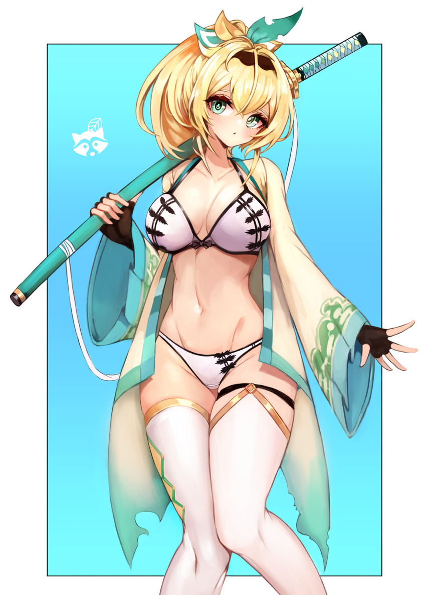 1girl alternate_breast_size black_gloves blonde_hair blue_eyes blush bra breasts cleavage fingerless_gloves gloves hair_between_eyes hair_ornament haori highres hololive japanese_clothes kazama_iroha large_breasts long_hair looking_at_viewer midriff navel notte panties ponytail samurai solo sword thighhighs underwear virtual_youtuber weapon