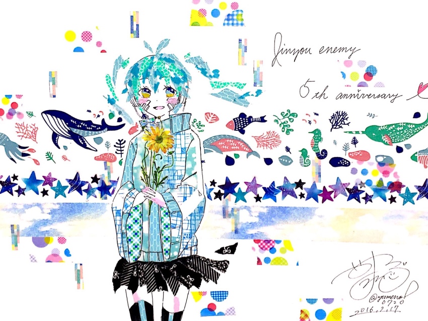 1girl 2016 abstract anniversary antenna_hair black_hair black_skirt black_thighhighs blonde_hair blue_eyes blue_hair blue_sweater collared_sweater commentary cowboy_shot dated ene_(kagerou_project) facial_mark fish flower highres holding holding_flower jinzou_enemy_(vocaloid) kagerou_project long_hair long_sleeves masking_tape_(medium) mixed_media multicolored_eyes narwhal nemuri! octopus open_mouth signature skirt smile solo song_name star_(symbol) sweater swimsuit thighhighs traditional_media twintails twitter_username two-tone_eyes unconventional_media whale white_background wide_sleeves yellow_flower zettai_ryouiki