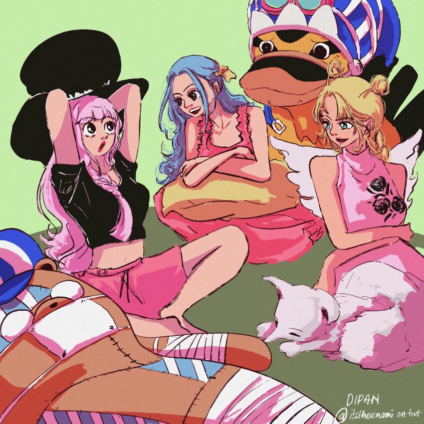 3girls antenna_hair arms_behind_head bird black_shirt blonde_hair blue_hair braided_twintails commentary conis_(one_piece) crop_top dress duck english_commentary goggles goggles_on_headwear green_background hat highres itstheenami karoo_(one_piece) kumacy long_hair looking_at_another mask mouth_mask multiple_girls nefertari_vivi one_piece open_mouth perona pink_dress pink_hair pink_shorts shirt shorts sidelocks sitting sleeveless sleeveless_dress stuffed_animal stuffed_toy su_(one_piece) teddy_bear twitter_username