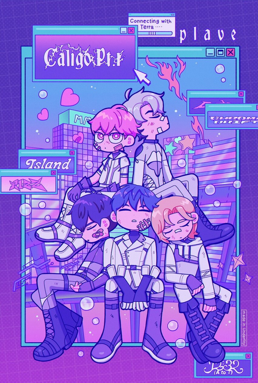 5boys bamby_(plave) bandaid bandaid_on_face black_boots black_hair blonde_hair blue_hair boots bubble cityscape closed_mouth cursor deformed eunho_(plave) fingerless_gloves gloves hamin_(plave) head_on_another&#039;s_shoulder heart highres jacket k-pop medium_hair multiple_boys noah_(plave) pants pink_eyes pink_hair plave ramdaram short_hair white_boots white_hair white_jacket white_pants window_(computing) yejun_(plave)