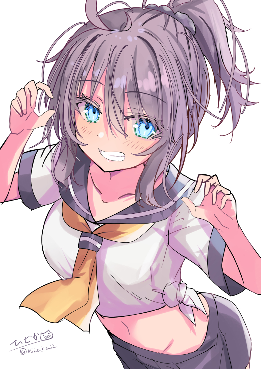 absurdres ahoge aoba_(kancolle) blue_eyes blue_scrunchie commentary_request curled_fingers grin hair_ornament hair_scrunchie highres hizaka kantai_collection messy_hair midriff navel neckerchief one-hour_drawing_challenge ponytail purple_hair purple_sailor_collar purple_shorts sailor_collar sailor_shirt school_uniform scrunchie serafuku shirt short_hair shorts simple_background smile tied_shirt upper_body white_background yellow_neckerchief