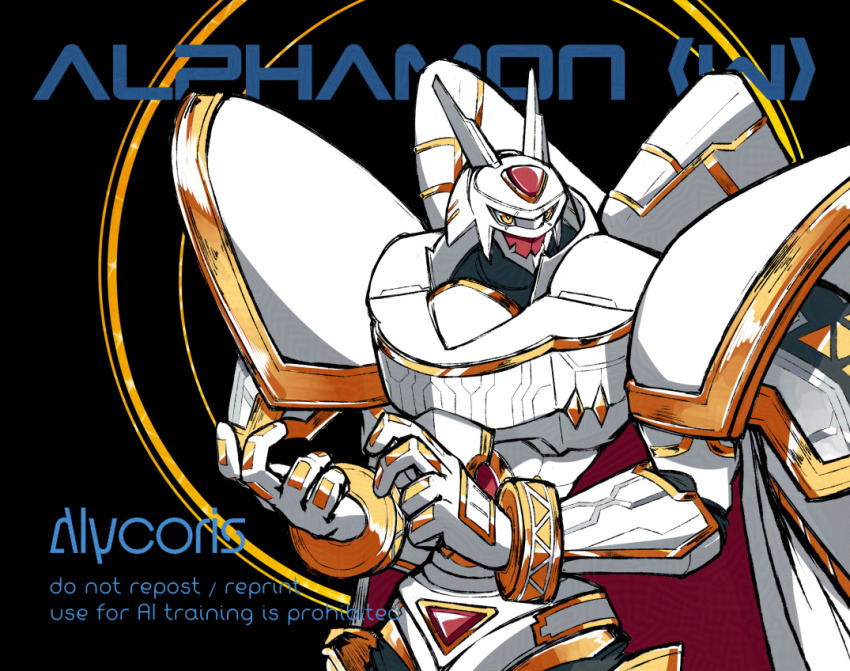 alphamon alycoris armor artist_name black_background character_name digimon digimon_(creature) digimon_rearise forehead_jewel helmet official_alternate_color simple_background upper_body watermark white_armor white_helmet yellow_eyes