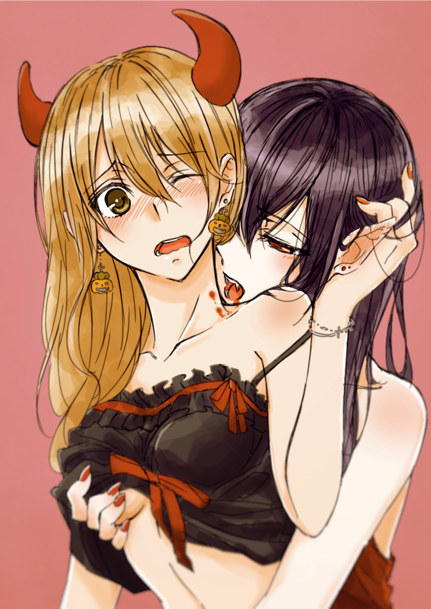 2girls aihara_mei aihara_yuzu bad_id bad_pixiv_id bite_mark biting black_hair blonde_hair blood blood_from_mouth blush breasts citrus_(saburouta) couple ear_blush earrings fang fangs female_focus glidesloe grabbing_another&#039;s_breast grabbing_from_behind green_eyes groping halloween highres jack-o&#039;-lantern jewelry long_hair multiple_girls neck_biting open_mouth purple_eyes red_nails shoulder_blush siblings simple_background sisters step-siblings vampire wife_and_wife yuri