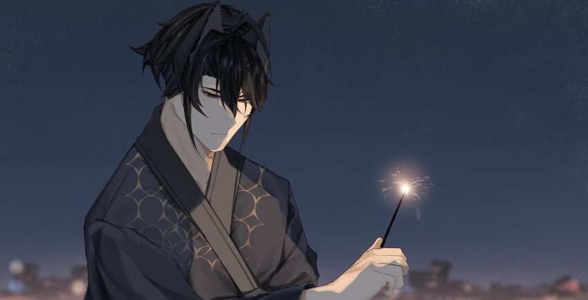 1boy 4reiji absurdres animal_ears black_hair blurry blurry_background brown_eyes cat_ears city city_lights closed_mouth commentary grey_kimono hair_between_eyes highres holding holding_fireworks japanese_clothes kimono light_particles looking_down male_focus night night_sky original outdoors short_hair sky solo symbol-only_commentary