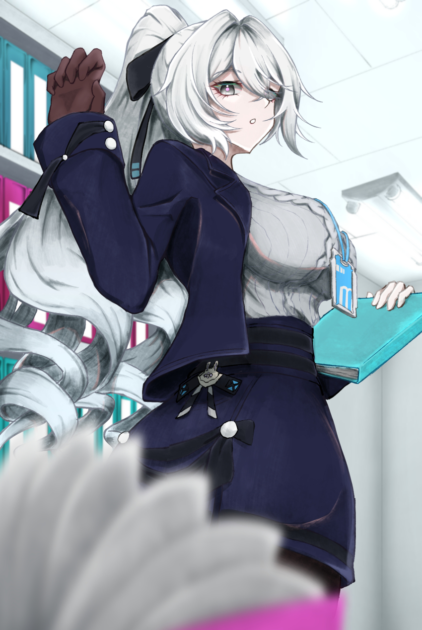 1girl absurdres blue_jacket blue_skirt book breasts bronya_zaychik bronya_zaychik_(outstanding_attitude) bronya_zaychik_(silverwing:_n-ex) brown_gloves cowboy_shot fuji4o gloves grey_eyes grey_hair grey_sweater hand_up highres holding holding_book honkai_(series) honkai_impact_3rd jacket lanyard large_breasts long_sleeves open_clothes open_jacket parted_lips ponytail ribbed_sweater skirt solo standing sweater