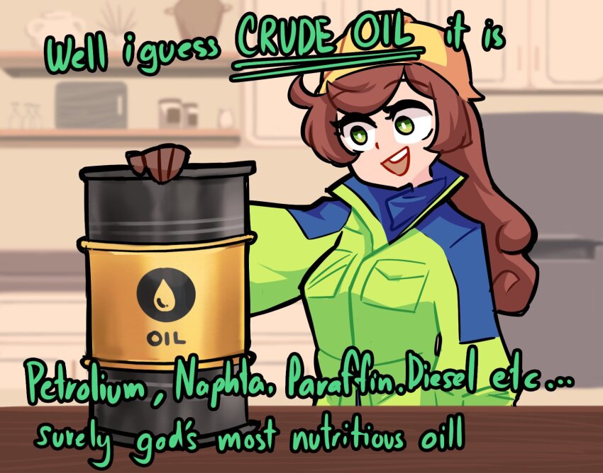 1girl blurry blurry_background breast_pocket bright_pupils brown_hair centurii-chan drum_(container) engineer_(centurii-chan) english_text green_eyes hard_hat helmet high-visibility_clothing high-visibility_jacket highres kitchen long_hair open_mouth original pocket refrigerator solo teeth upper_body upper_teeth_only white_pupils yellow_headwear