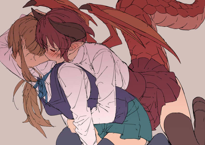 2girls anne_(shingeki_no_bahamut) biting black_thighhighs blonde_hair blue_vest collared_shirt dragon_girl dragon_horns dragon_tail dragon_wings granblue_fantasy grea_(shingeki_no_bahamut) highres horns hug hug_from_behind kneeling long_sleeves looking_to_the_side manaria_friends mokutan_mmmm multiple_girls neck_biting pointy_ears red_hair red_skirt shingeki_no_bahamut shirt short_hair skirt tail thighhighs vest white_shirt wings