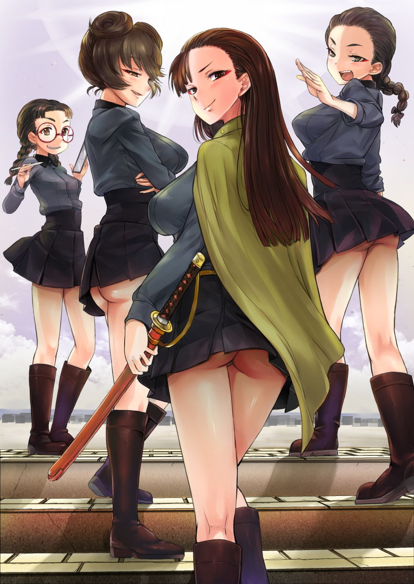 4girls absurdres alternate_costume ass black_hair black_skirt blush braid braided_ponytail breasts brown_eyes brown_hair cape cellphone crossed_arms fang fukuda_haru girls_und_panzer glasses green_eyes grin highres holding holding_sword holding_weapon hosomi_shizuko iphone kuromorimine_school_uniform large_breasts long_hair looking_at_viewer microskirt multiple_girls nabeyu nishi_kinuyo no_panties open_mouth outdoors phone pleated_skirt ponytail school_uniform short_hair skirt small_breasts smartphone smile stairs sword tamada_tamaki twin_braids twintails upskirt weapon