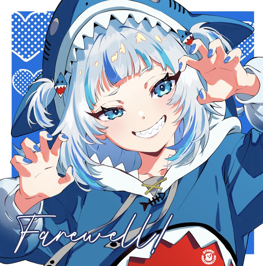 1girl animal_costume animal_hood atomicmrshmallw blue_hair blue_hoodie blue_nails gawr_gura gawr_gura_(1st_costume) grey_hair highres hololive hololive_english hood hoodie looking_at_viewer medium_hair nail_polish shark_costume shark_hood sharp_teeth smile solo teeth two_side_up virtual_youtuber