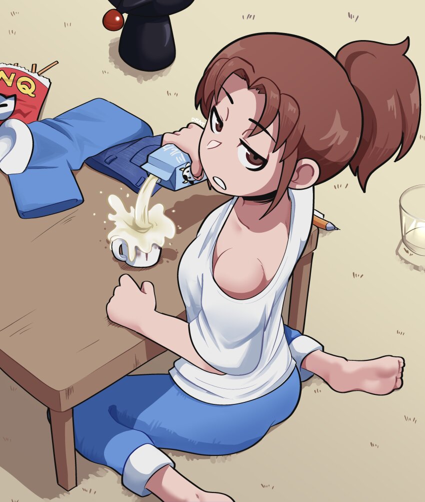 1girl absurdres bare_shoulders barefoot black_choker blue_pants brown_eyes brown_hair carpet choker city_(arawi_keiichi) coffee_table delatoid feet from_above frown highres holding holding_carton holding_milk_carton indoors jitome milk milk_carton nagumo_midori open_mouth pants pouring sitting soles solo spilled_milk table toes unamused unworn_clothes wariza