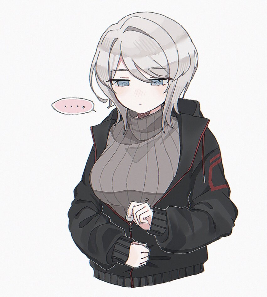 ... 1girl 68oljg black_jacket blue_eyes breasts closed_mouth faust_(project_moon) grey_sweater highres jacket large_breasts limbus_company long_sleeves project_moon short_hair simple_background solo sweater upper_body white_background white_hair zipper_pull_tab