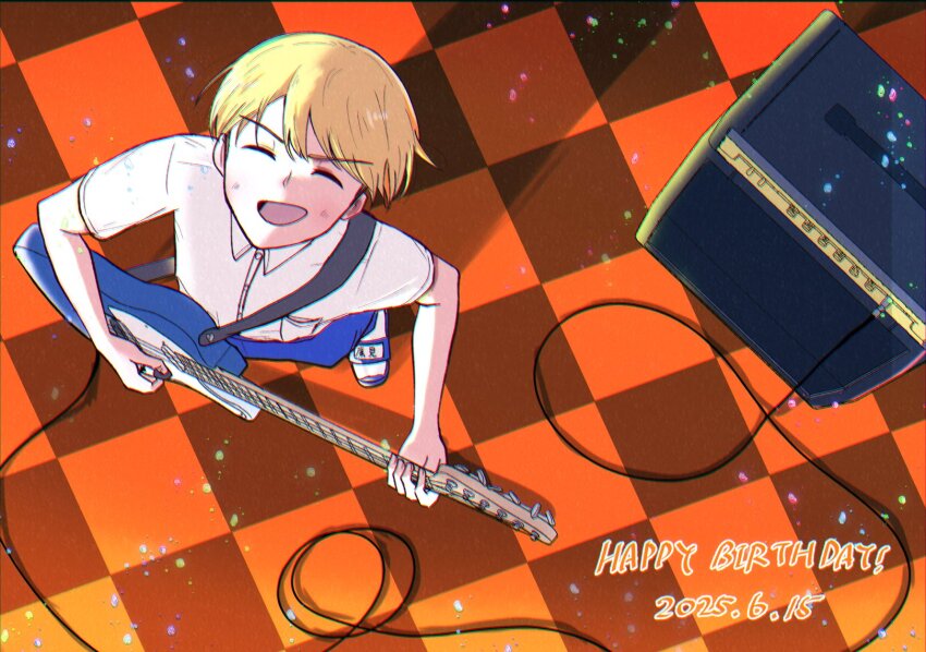 1boy :d ^_^ amplifier blonde_hair blue_pants blue_sandals breast_pocket cable checkered_floor closed_eyes collared_shirt commentary_request dated dress_shirt electric_guitar from_above futsuu_no_keion-bu guitar guitar_strap happy_birthday highres holding holding_plectrum instrument male_focus music nabeshima_nabeo name_tag neck_ribbon open_mouth pants playing_guitar playing_instrument plectrum pocket red_ribbon ribbon sandals school_uniform shirt short_hair short_sleeves slides smile socks solo standing summer_uniform takami_kouki v-shaped_eyebrows white_shirt white_socks wing_collar