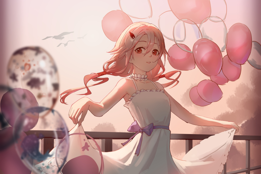 1girl absurdres alternate_costume balloon bare_shoulders bird chinese_commentary choker clothes_lift commentary_request dress floating_hair guilty_crown hair_ornament hair_tubes hairclip hand_on_railing highres huazhaxuetu_xiaod long_hair looking_at_viewer official_alternate_costume parted_lips pink_hair purple_ribbon red_eyes ribbon skirt skirt_lift solo teeth twintails upper_teeth_only white_choker white_dress yuzuriha_inori