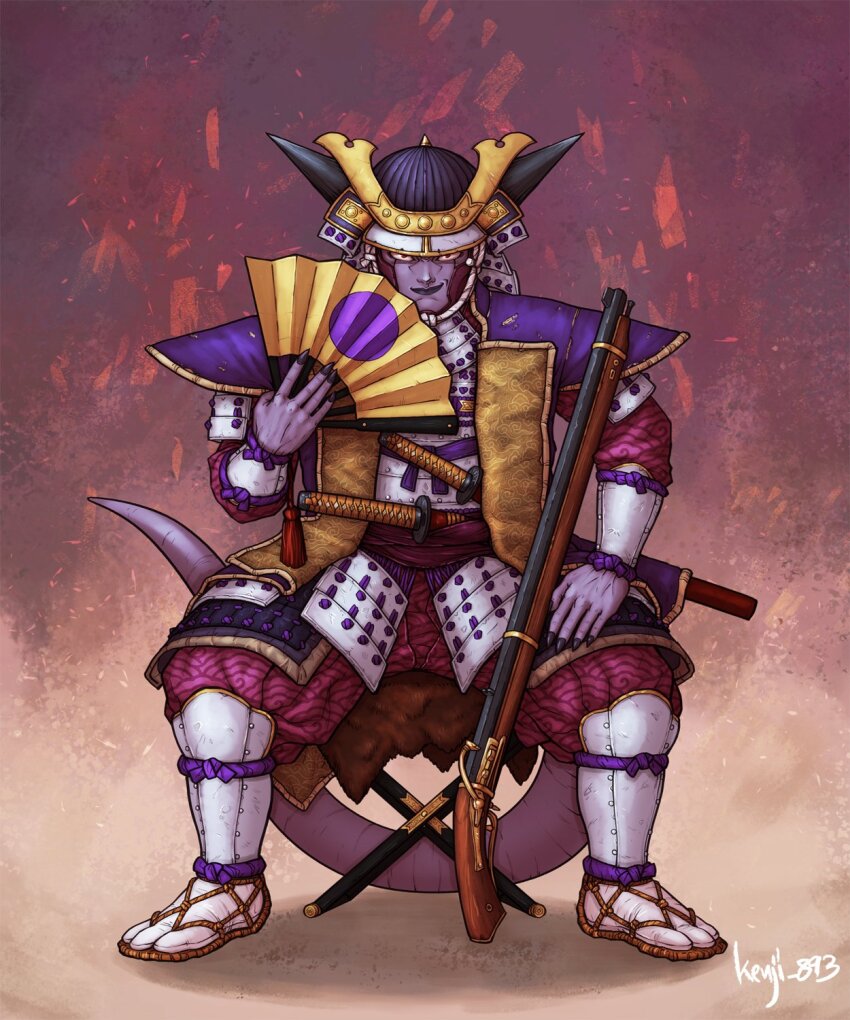 1boy 1st_form_frieza alien alternate_costume antique_firearm armor artist_name black_lips black_nails colored_skin cuirass dragon_ball dragon_ball_super dragonball_z facing_viewer fingernails firearm firelock folding_stool frieza full_body guillem_dauden gun haidate hand_fan helmet highres holding holding_fan horns japanese_armor japanese_clothes kabuto_(helmet) kote kusazuri looking_at_viewer male_focus matchlock open_clothes pants pink_pants pink_shirt purple_skin red_eyes samurai sash sharp_fingernails sheath sheathed shirt shoulder_armor simple_background sitting sode suneate sword tabi tail tanegashima_(gun) waraji weapon