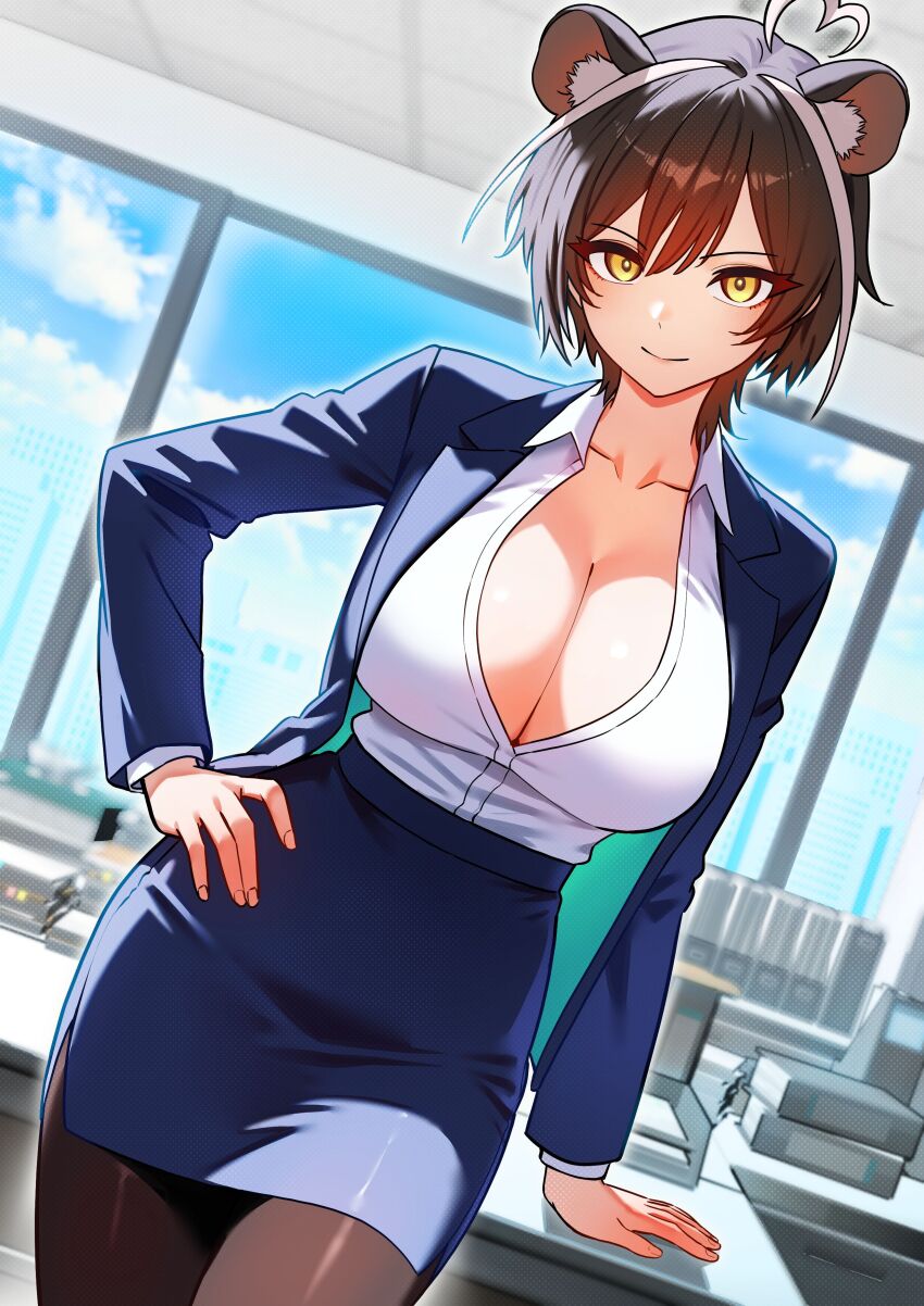 1girl absurdres ahoge animal_ears arm_support blazer blue_jacket blue_skirt breasts brown_hair brown_pantyhose cleavage closed_mouth collarbone collared_shirt commentary_request commission cowboy_shot dress_shirt dutch_angle hand_on_own_hip heart heart_ahoge highres indoors jacket korean_commentary large_breasts looking_at_viewer medium_hair mr_tangsuyuk office office_lady open_clothes open_jacket original pantyhose pencil_skirt shirt shirt_tucked_in skirt smile solo white_shirt yellow_eyes