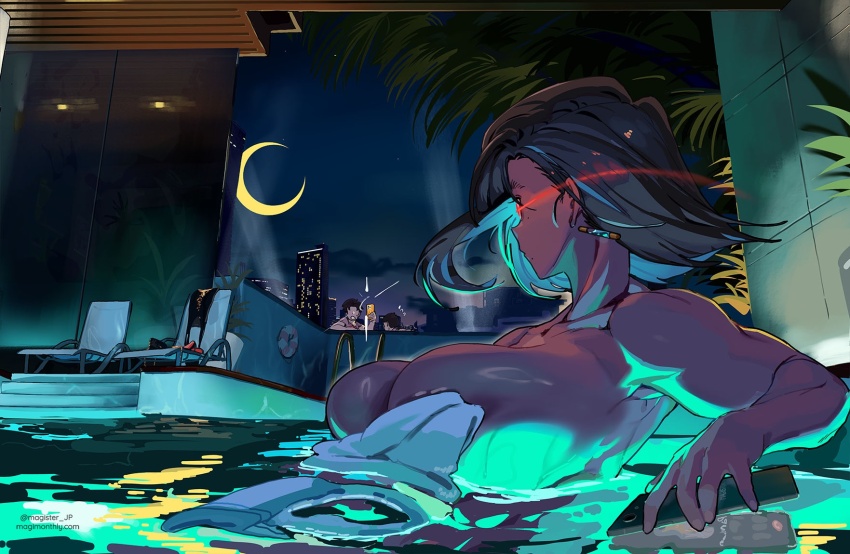 1girl 2boys breasts camera_flash cellphone chair cityscape commentary covering_privates crescent_moon dark-skinned_female dark_skin english_commentary floating_hair glowing glowing_eye hair_ornament highres holding holding_phone huge_breasts looking_at_another lounge_chair magister medium_hair minami_(magister) mole mole_under_eye mole_under_mouth moon multiple_boys night night_sky nude_cover original partially_submerged peeking phone pool pool_ladder reflection reflective_water sky smartphone stairs toned toned_female twitter_username upper_body water